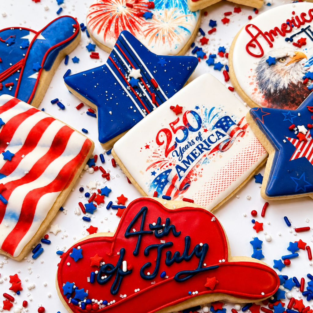 Assorted 4th of July cookies with red, white, and blue icing.