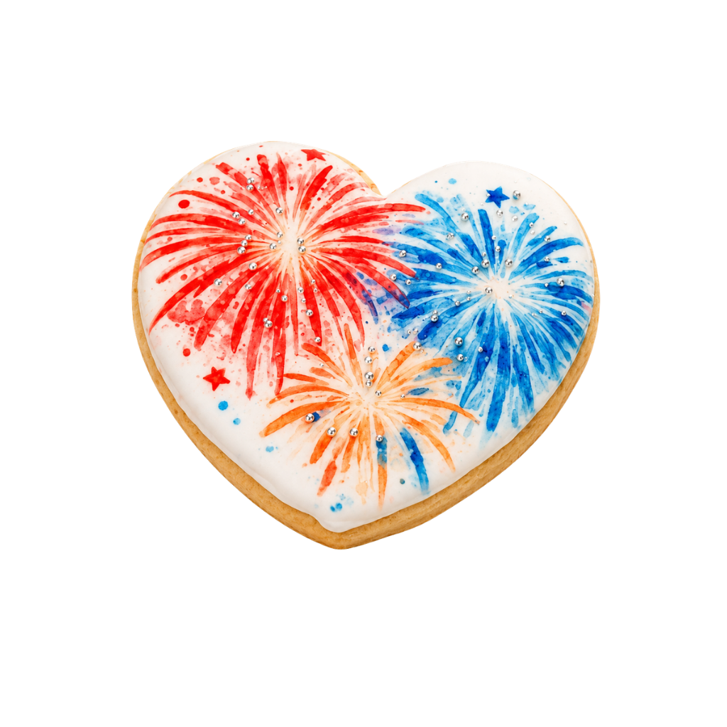 Heart-shaped 4th of July cookie with firework icing.