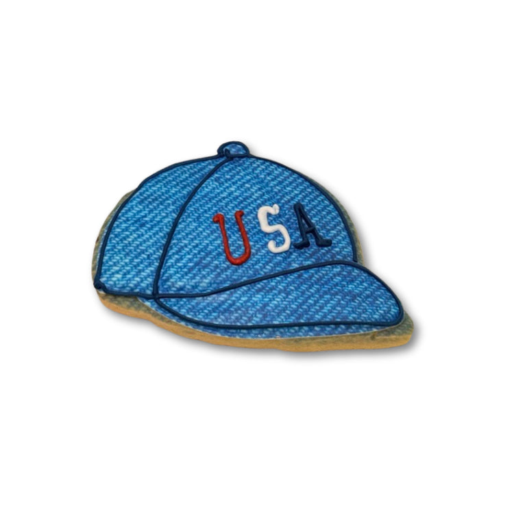 4th of July cookie shaped like a blue denim baseball cap