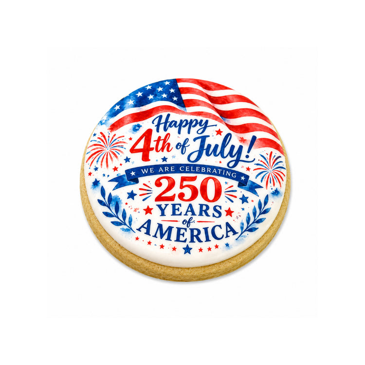 4th of July cookie with red, white, and blue flag design.