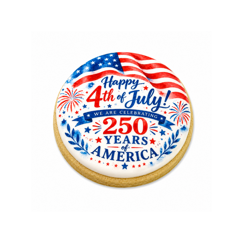 4th of July cookie with red, white, and blue flag design.
