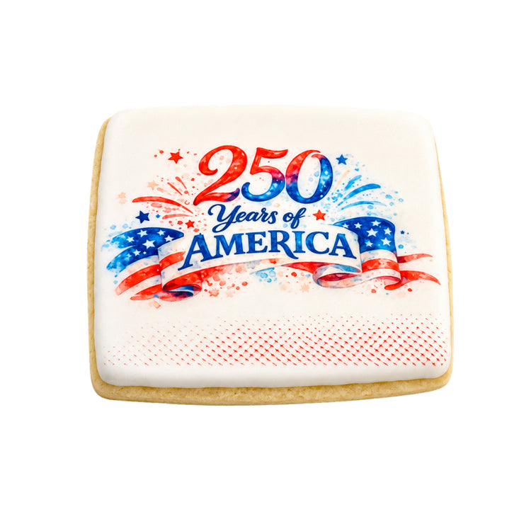 Square 4th of July cookie with 250 Years of America design.