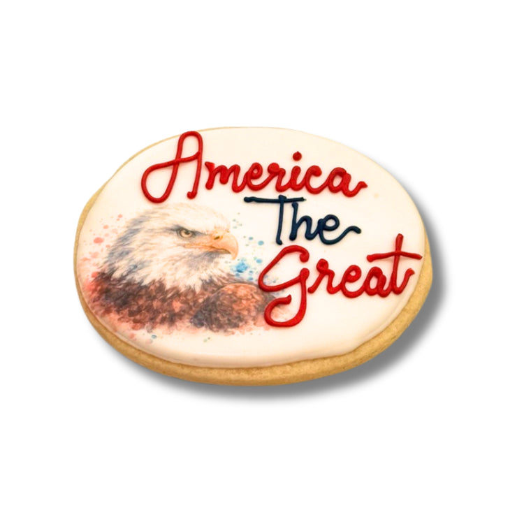 4th of July cookie with eagle and America the Great text