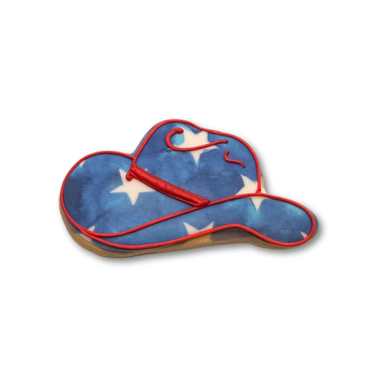 4th of July cowboy hat cookie with blue star icing.