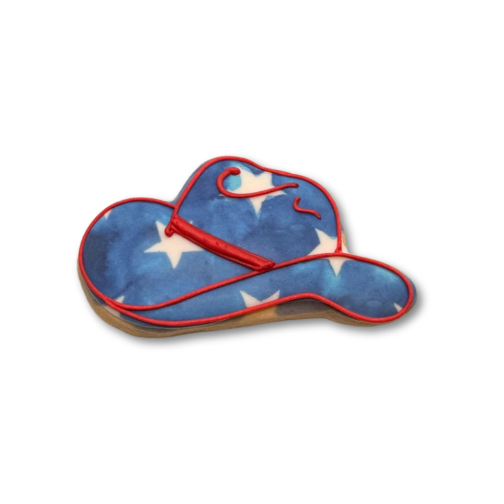 4th of July cowboy hat cookie with blue star icing.