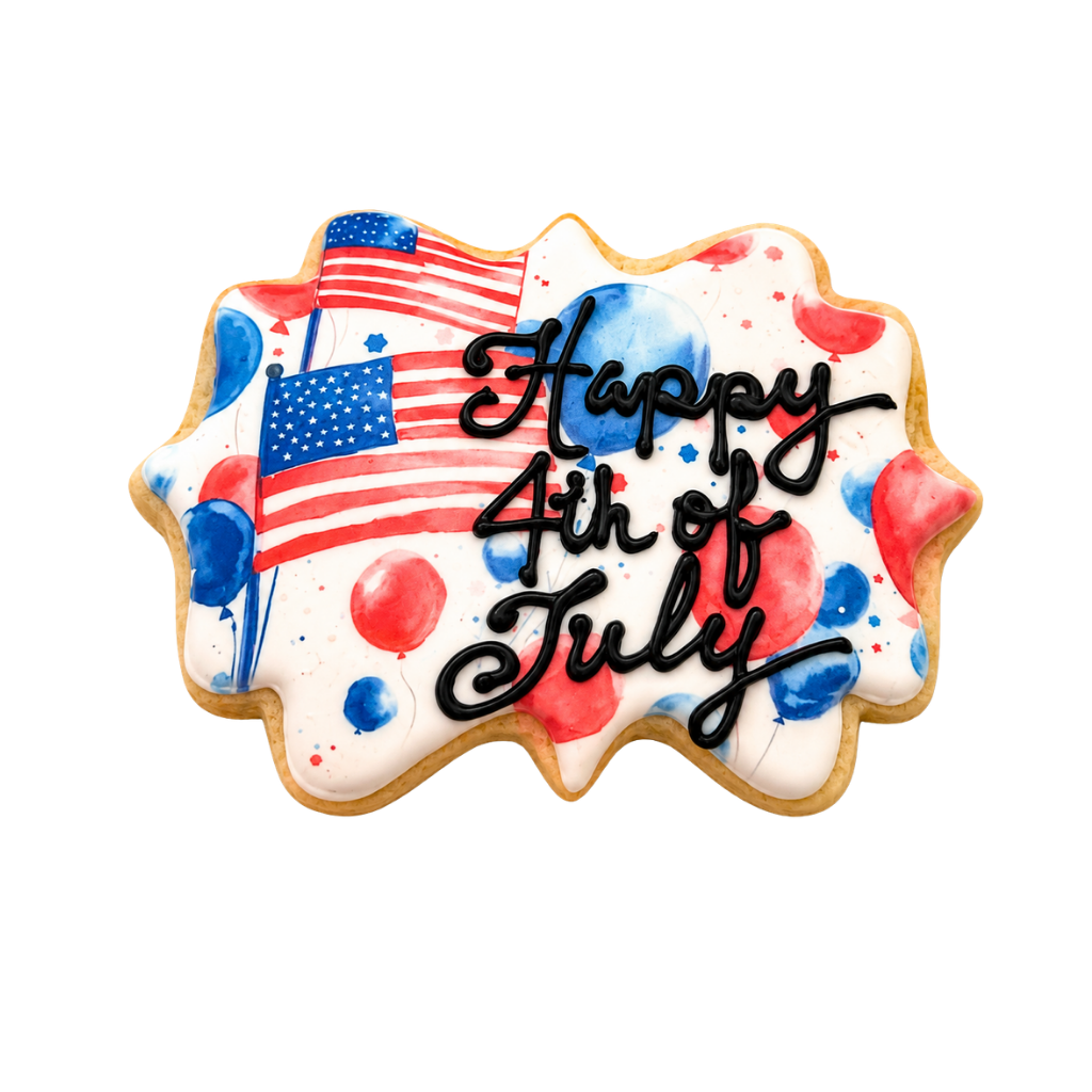 4th of July cookie with American flag and balloon icing.