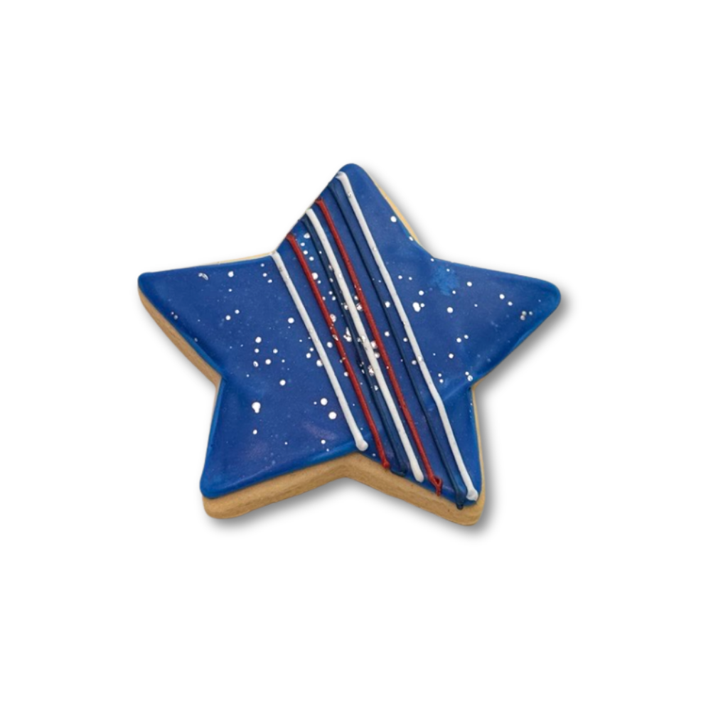 4th of July star-shaped cookie with blue icing and stripes.
