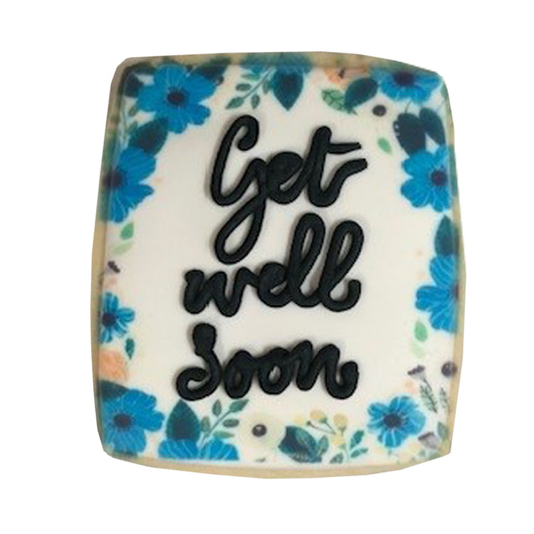 Get Well Soon plaque with blue floral border and black text.