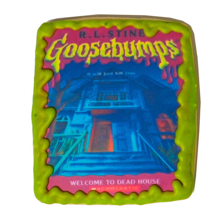 Goosebumps book cover cookie with green icing border