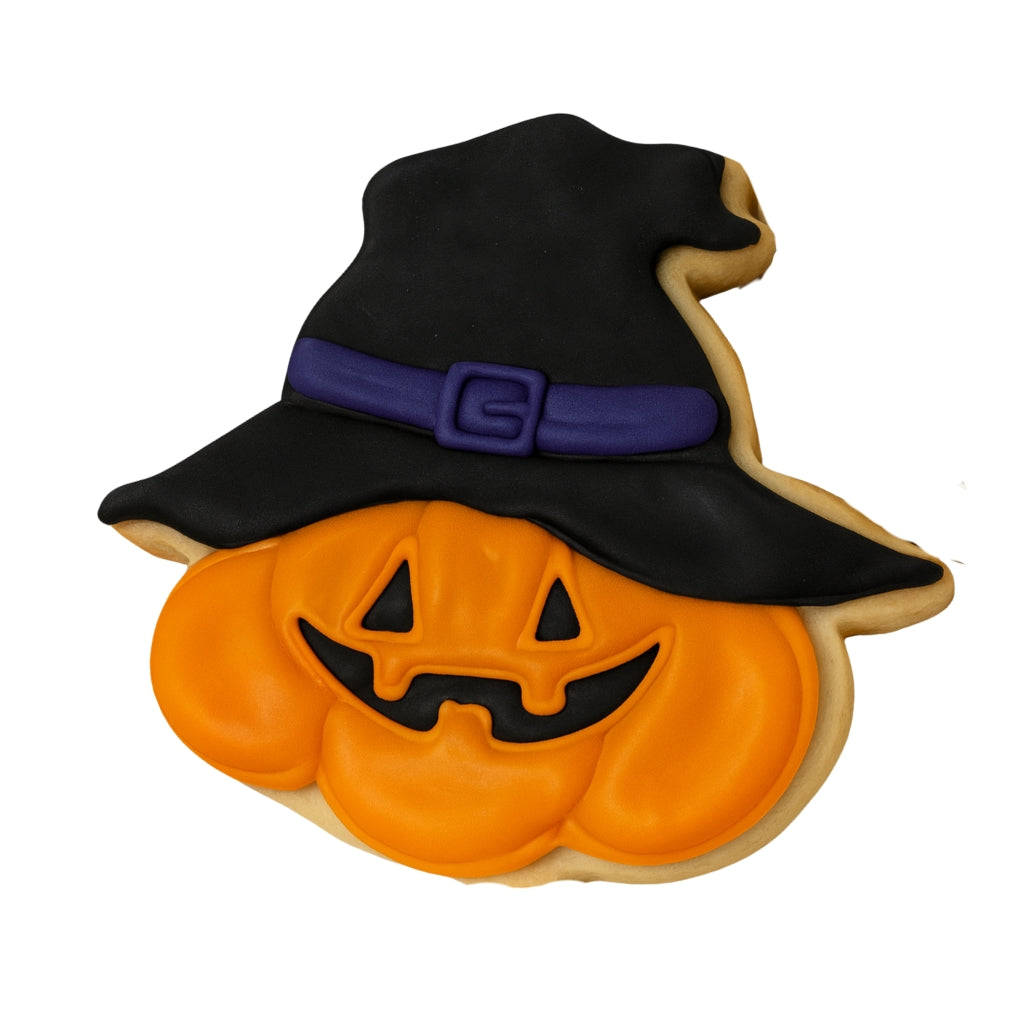 Halloween pumpkin cookie wearing a black witch hat