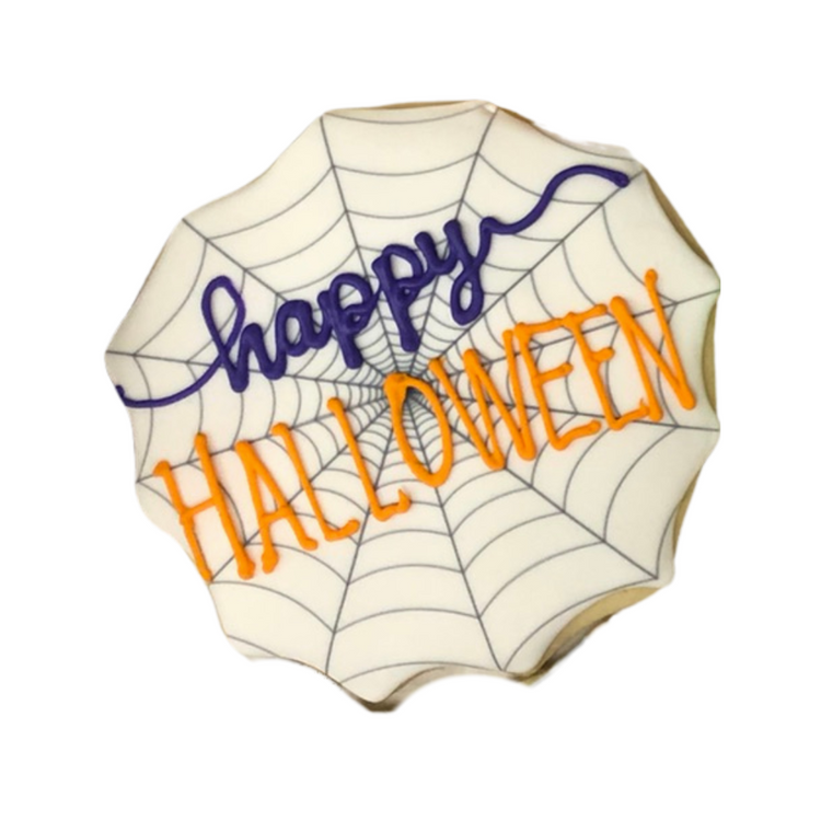 Halloween cookie with purple and orange spiderweb icing.