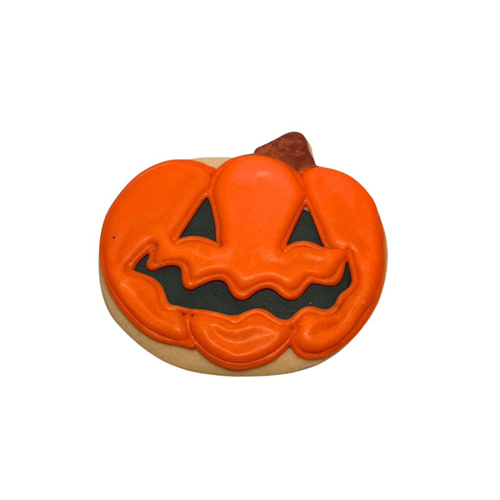 Halloween pumpkin cookie with orange icing and black details