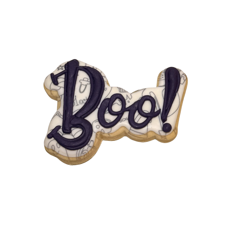 Halloween cookie shaped like Boo with purple icing lettering.