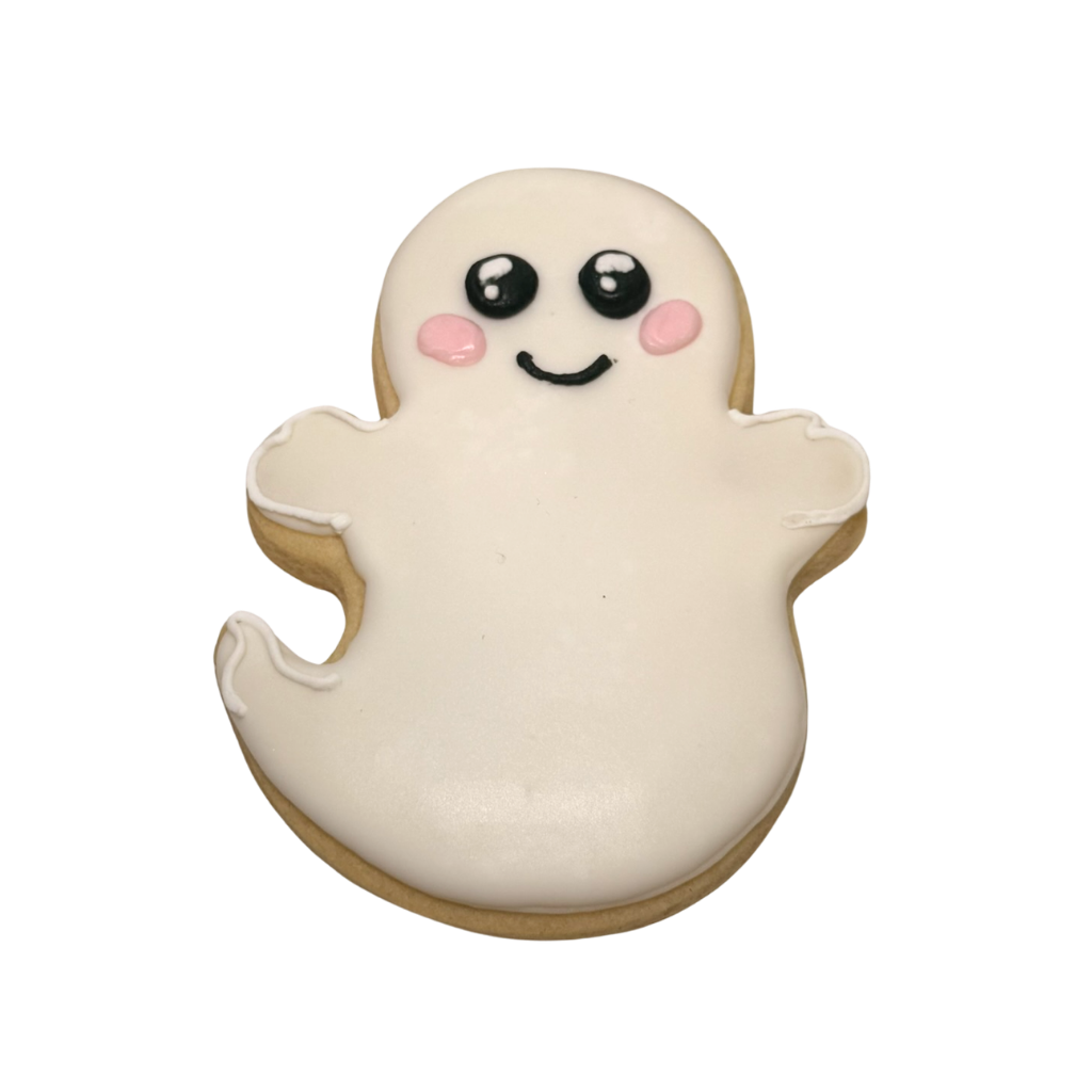Halloween ghost cookie with white icing and pink cheeks.
