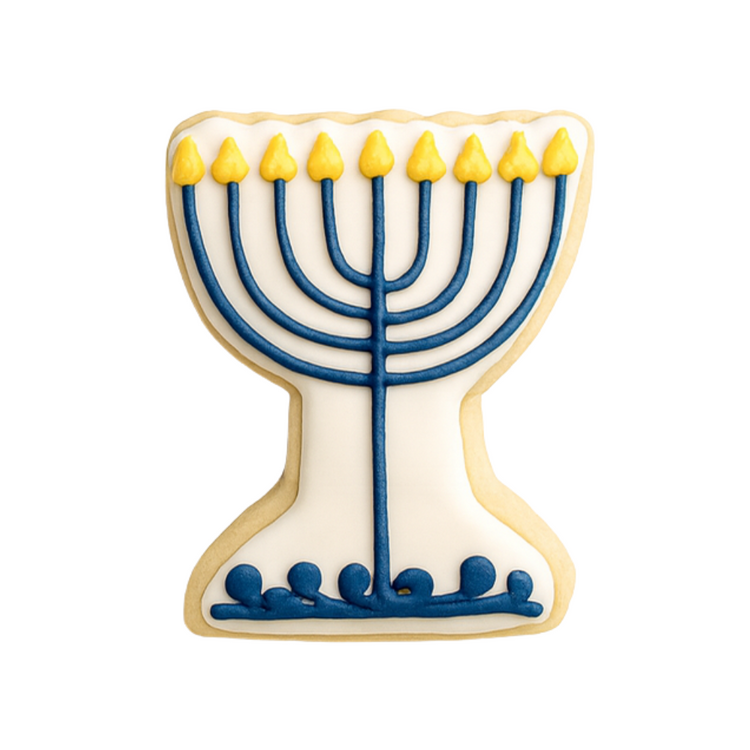 Hanukkah cookie shaped like a blue and yellow menorah.
