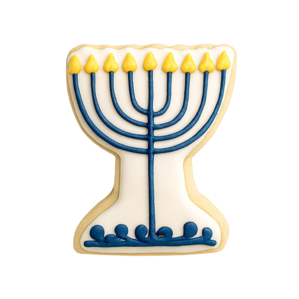 Hanukkah cookie shaped like a blue and yellow menorah.
