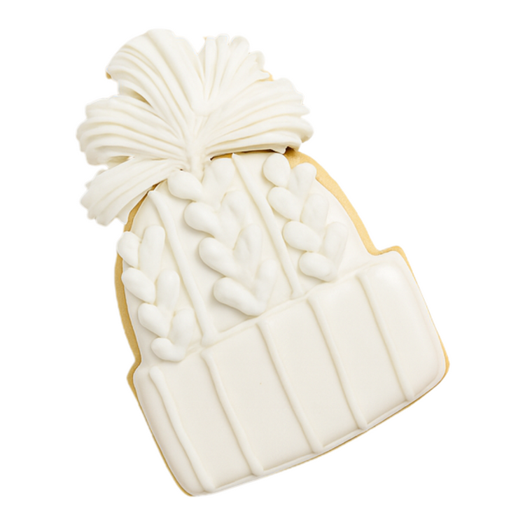 Hanukkah cookie shaped like a white knit winter hat.