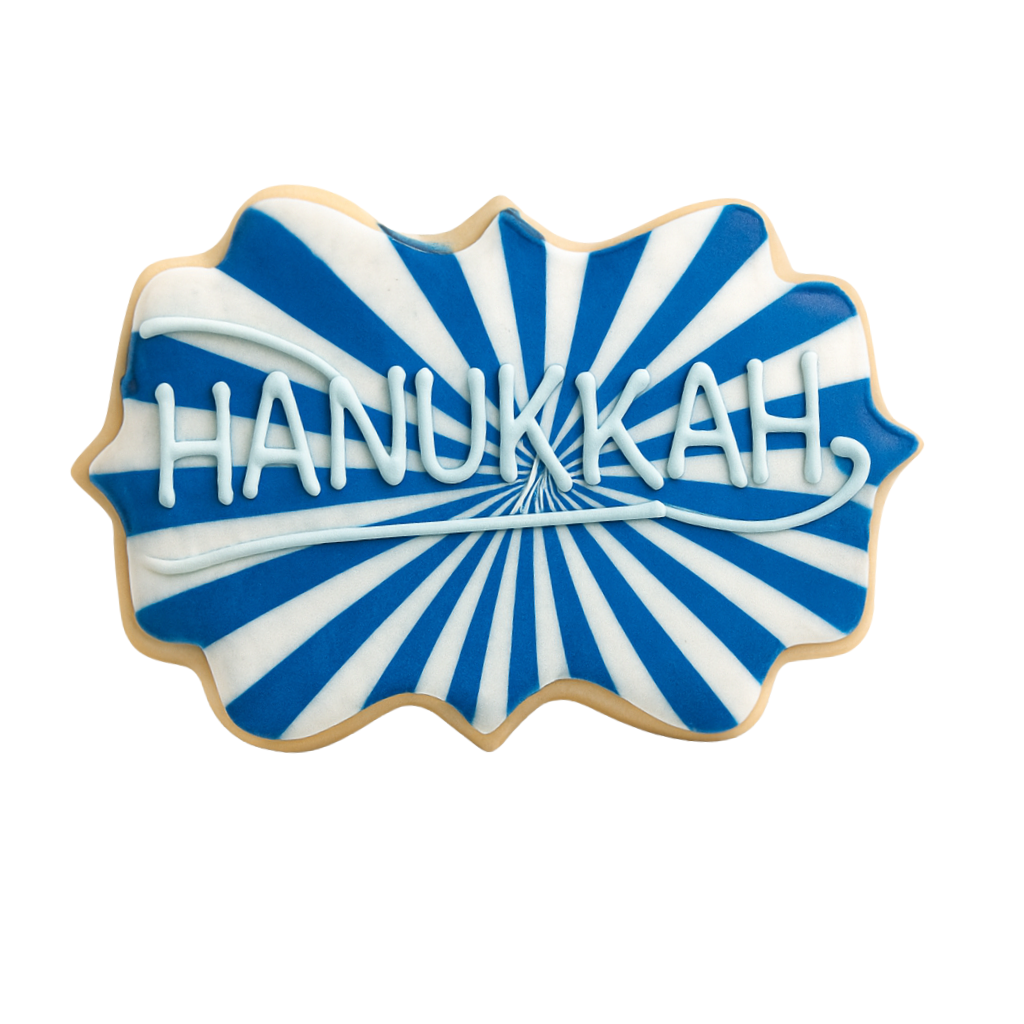 Hanukkah cookie with blue and white sunburst icing.