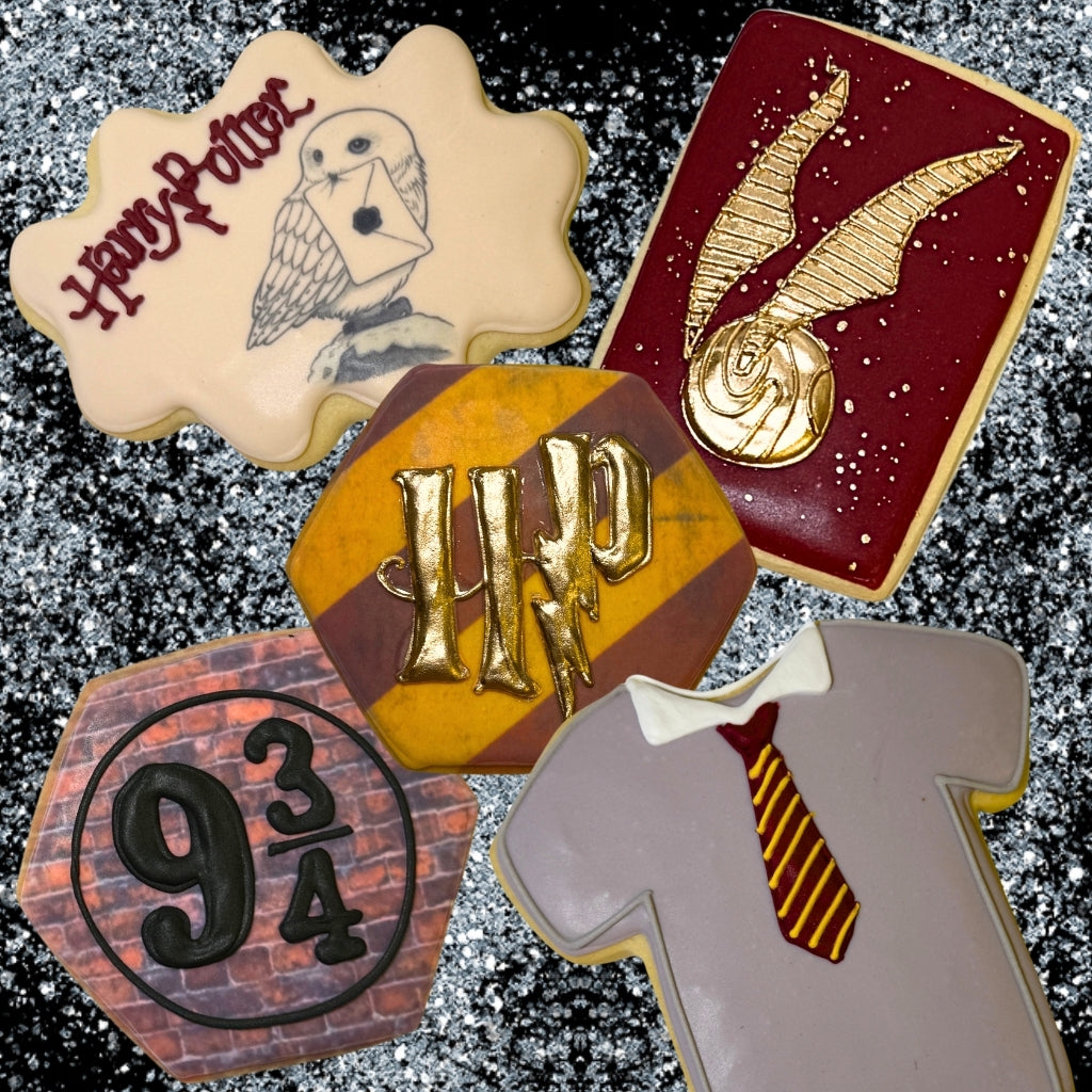 Assorted Harry Potter cookies with iconic themed designs.