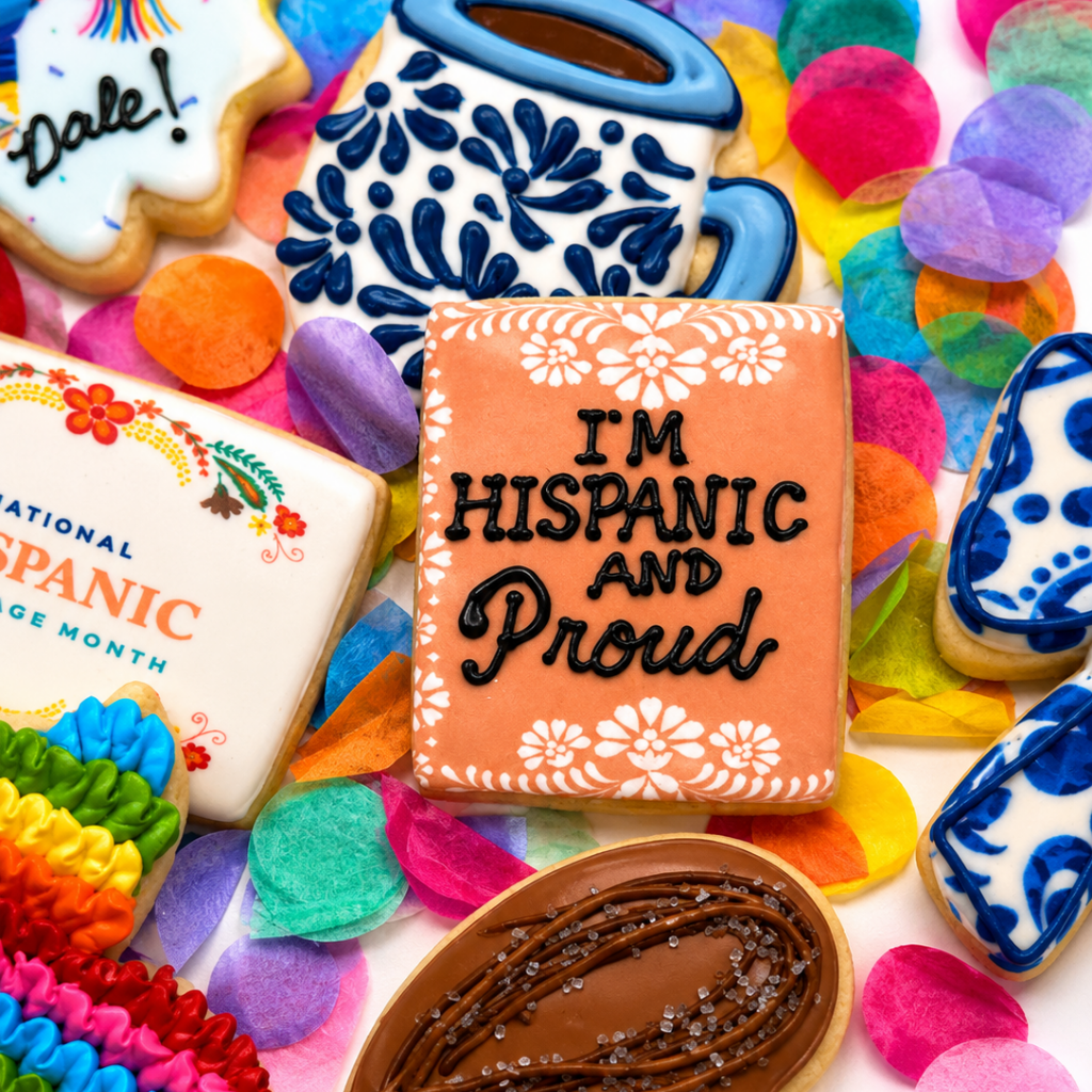 Assorted Hispanic Heritage cookies decorated with colorful icing.