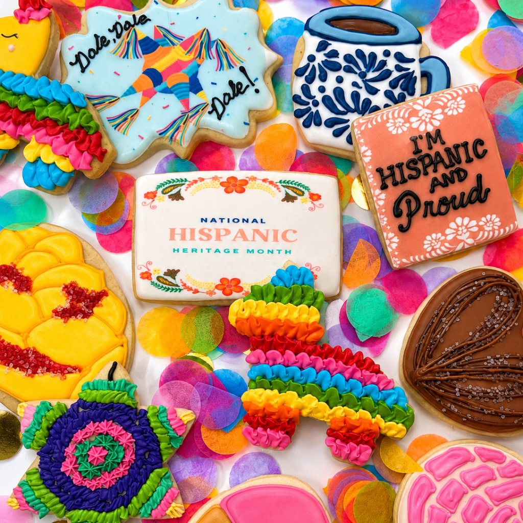 Assorted Hispanic Heritage cookies with colorful icing designs.