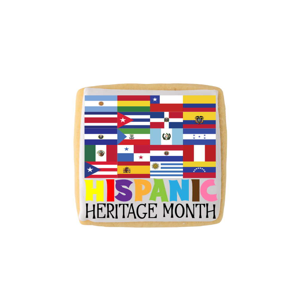 Hispanic Heritage cookie featuring colorful flags and text.