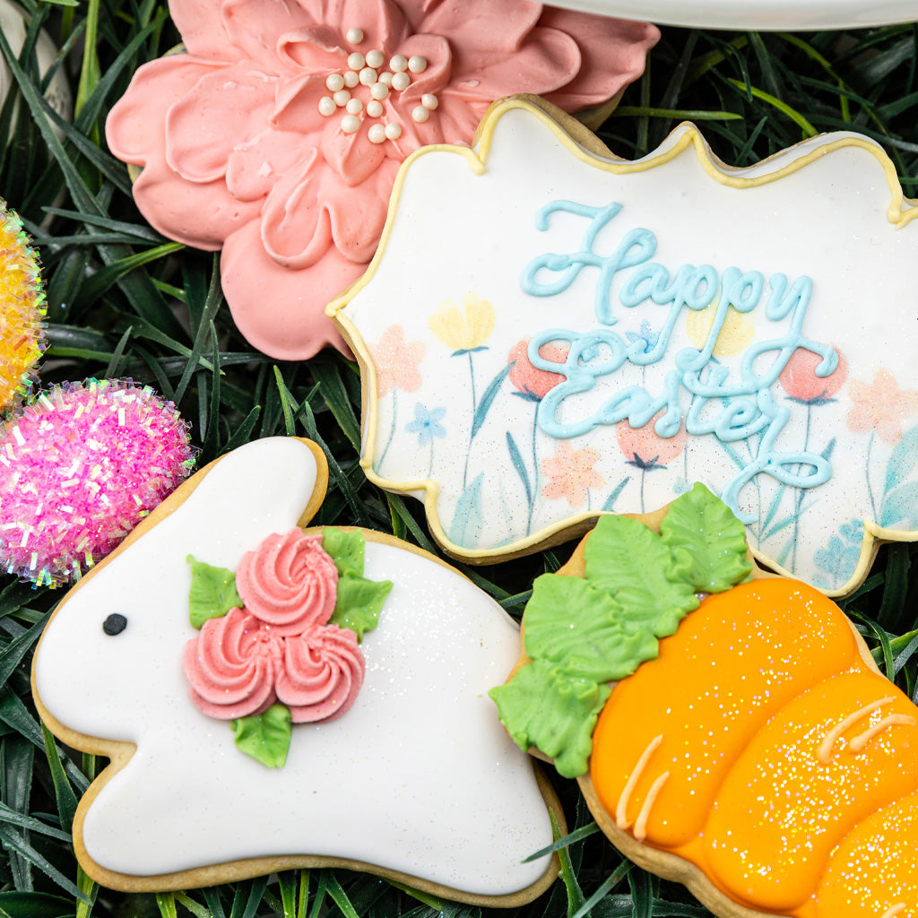 Assorted Easter butter cookies shaped like bunnies and carrots.