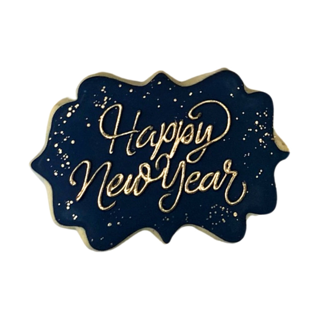 Jewish High Holidays cookie with navy icing and gold lettering.