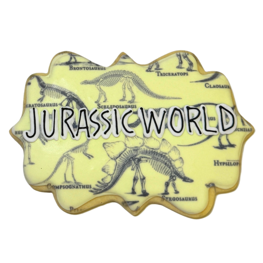 Jurassic World cookie with yellow dinosaur skeleton print