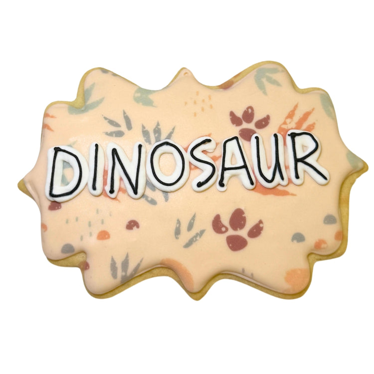 Jurassic cookie with dinosaur written on it in white and black icing.
