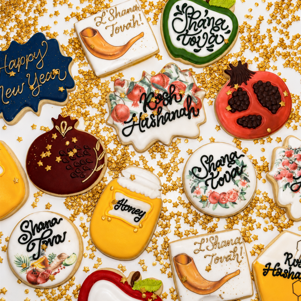 Assorted Jewish High Holidays cookies with festive icing designs.