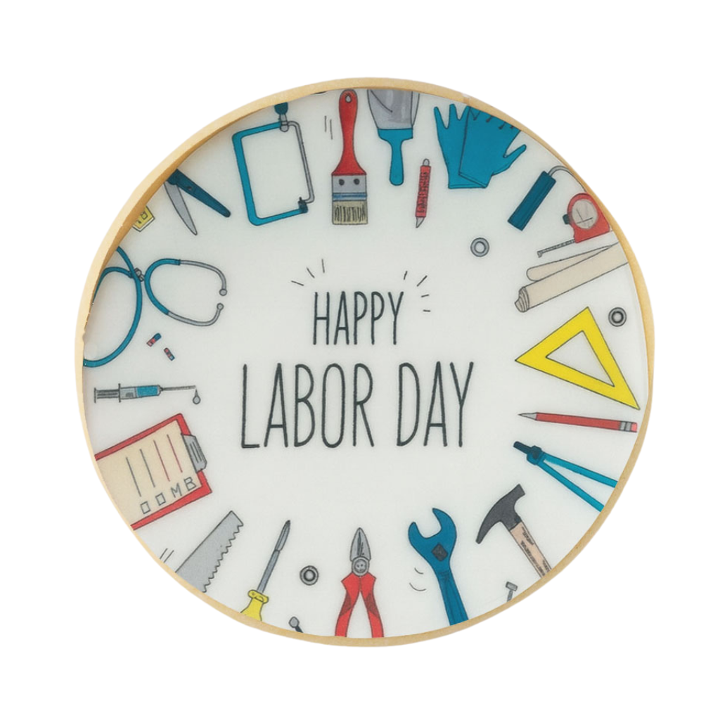 Labor Day cookie with colorful tool illustrations