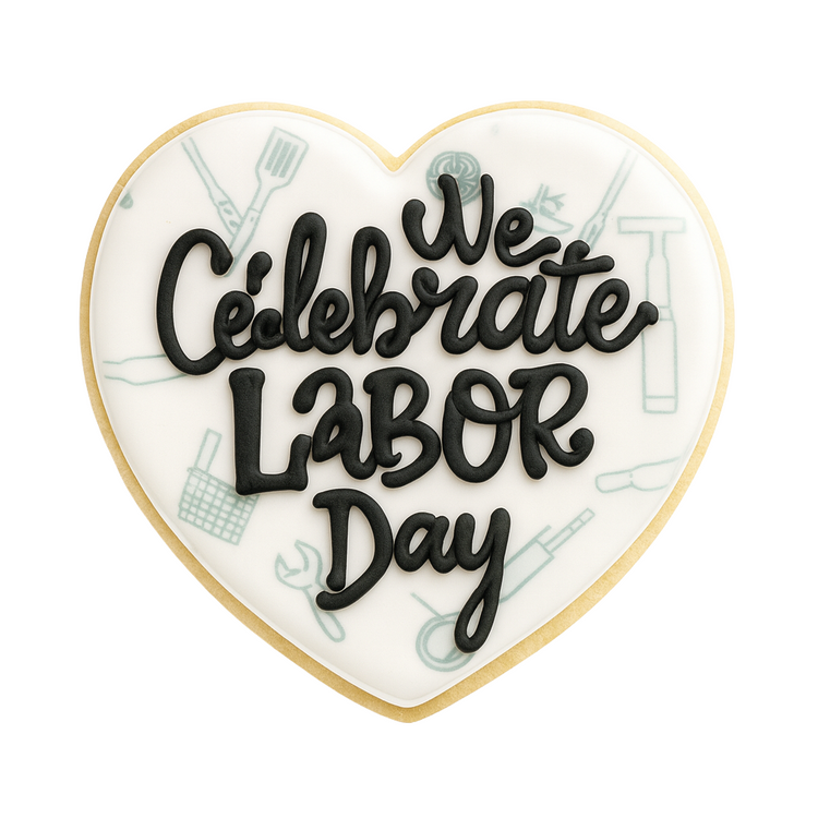Heart-shaped Labor Day cookie with black icing lettering.