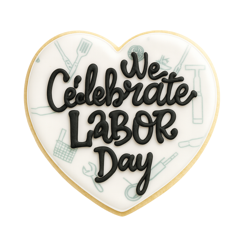 Heart-shaped Labor Day cookie with black icing lettering.