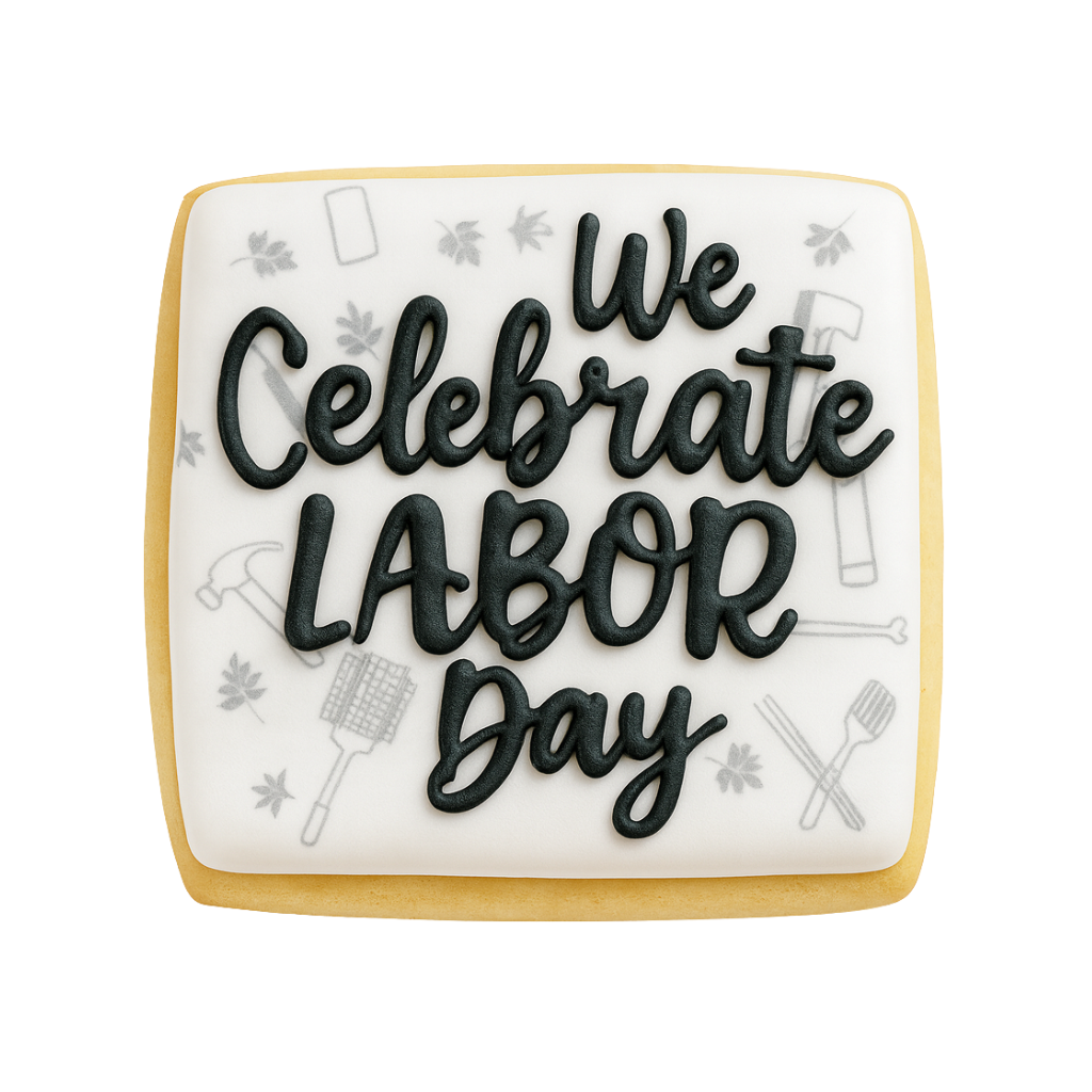 Square Labor Day cookie with black icing lettering