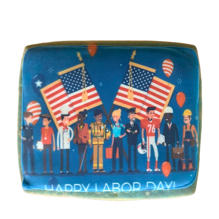 Square Labor Day cookie with American flags and diverse workers.