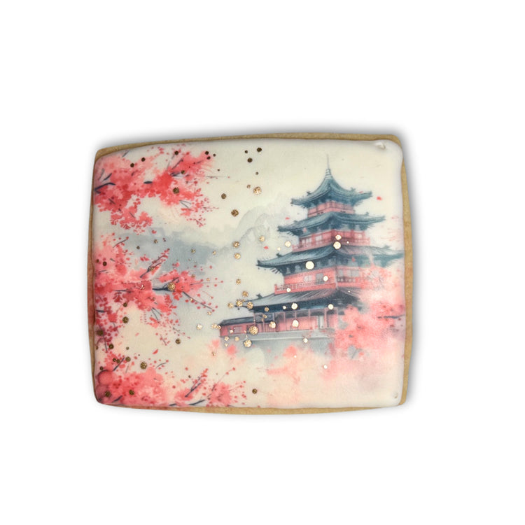 Lunar New Year cookie with pagoda and cherry blossom design