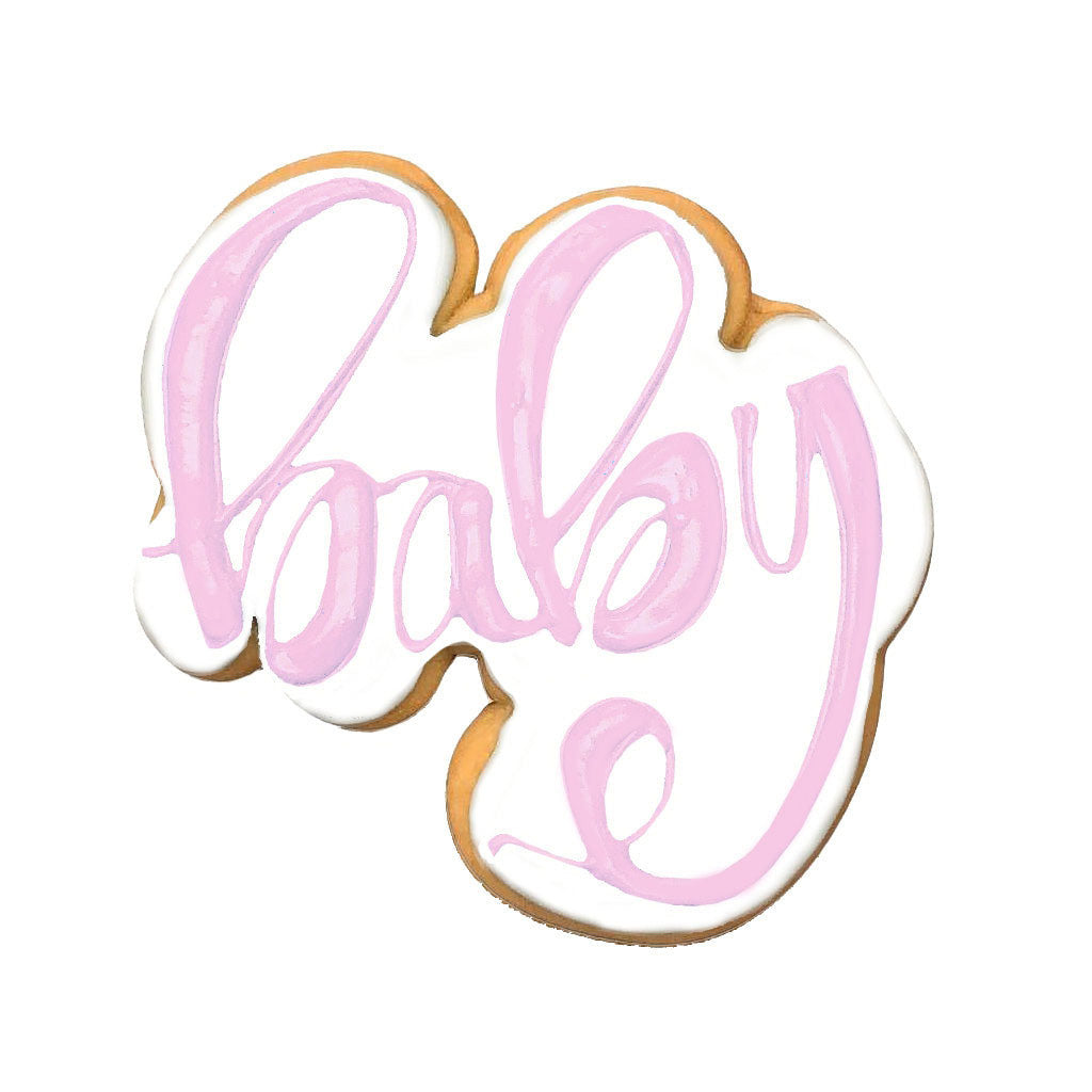 Pink baby plaque cookie with white and light pink icing.