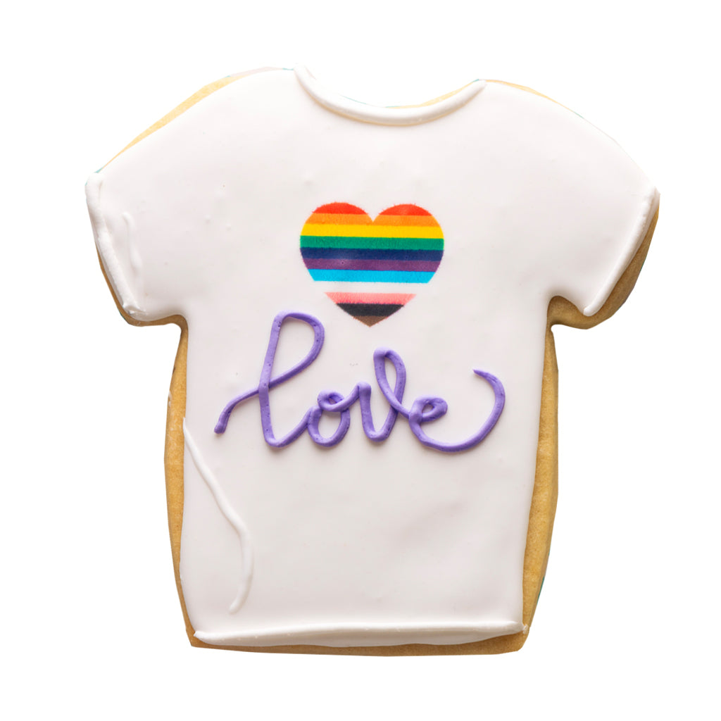 Love is Love t-shirt cookie with a rainbow heart design.