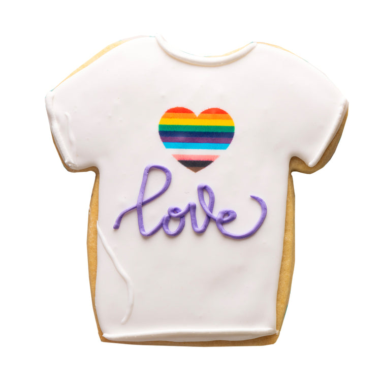 Love is Love t-shirt cookie with a rainbow heart design.