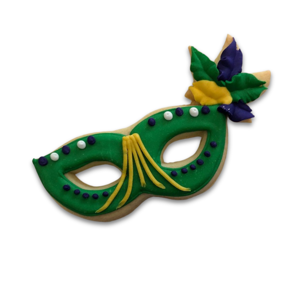 Mardi Gras butter cookie shaped like a green masquerade mask