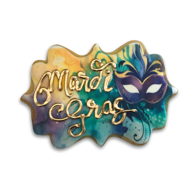Mardi Gras butter cookie with gold lettering and mask design.