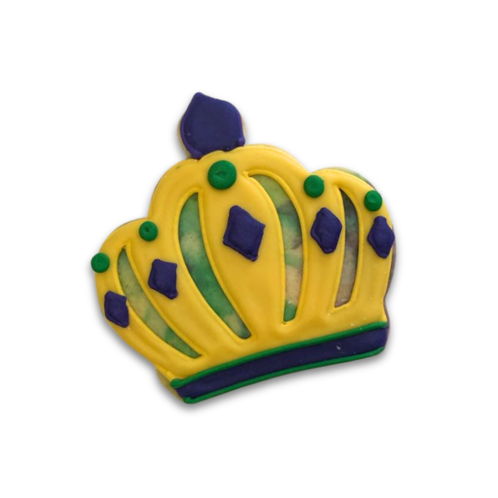 Mardi Gras butter cookie shaped like a yellow crown.