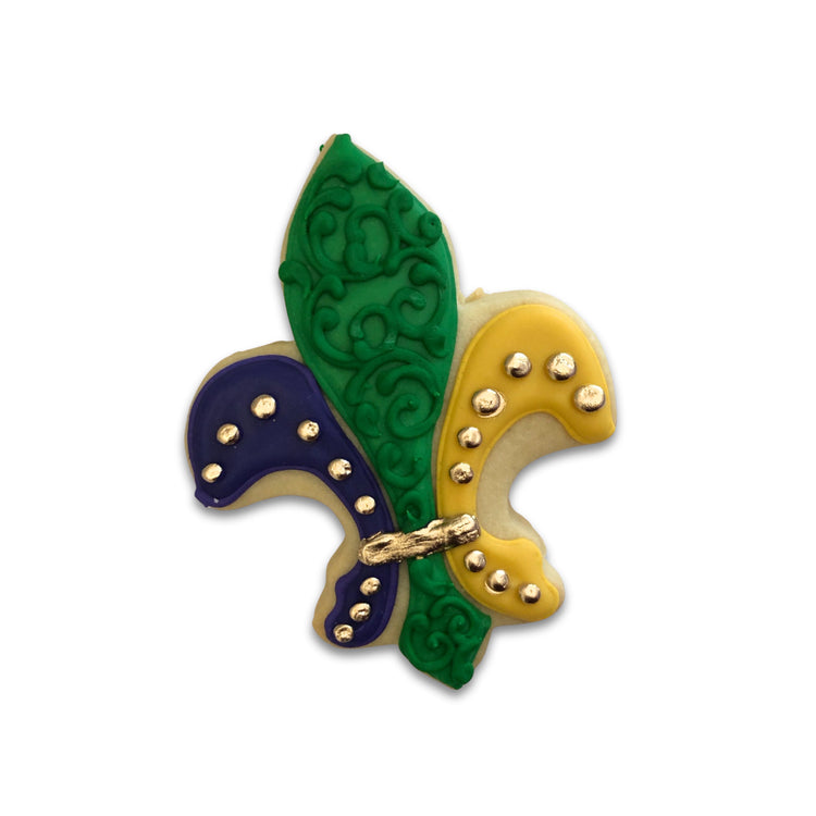 Mardi Gras fleur-de-lis butter cookie with gold accents