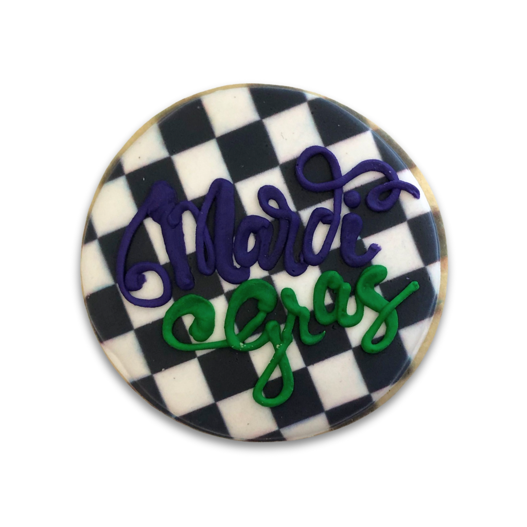 Mardi Gras butter cookie with a black and white checkered design.