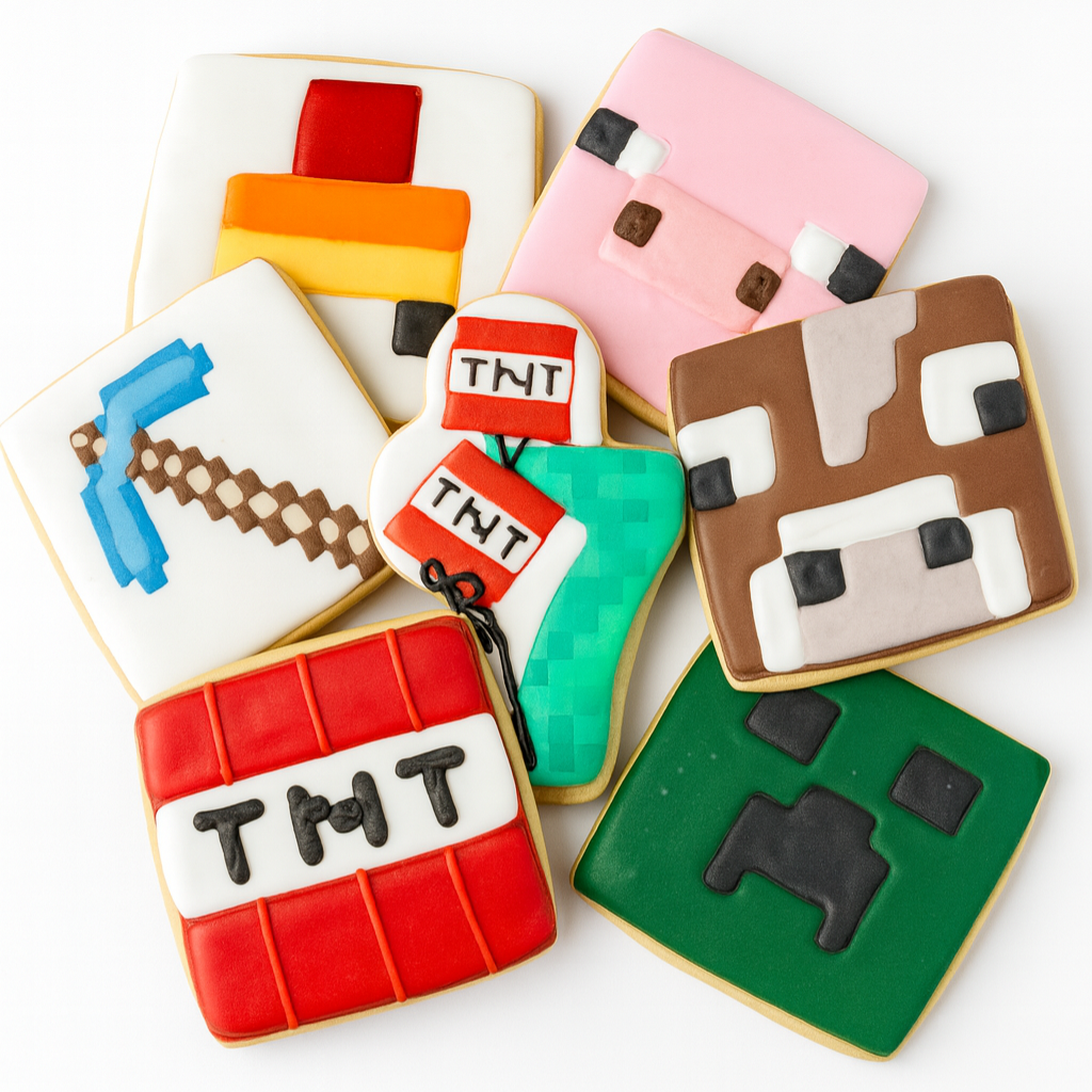 Minecraft cookies featuring iconic game characters and items.
