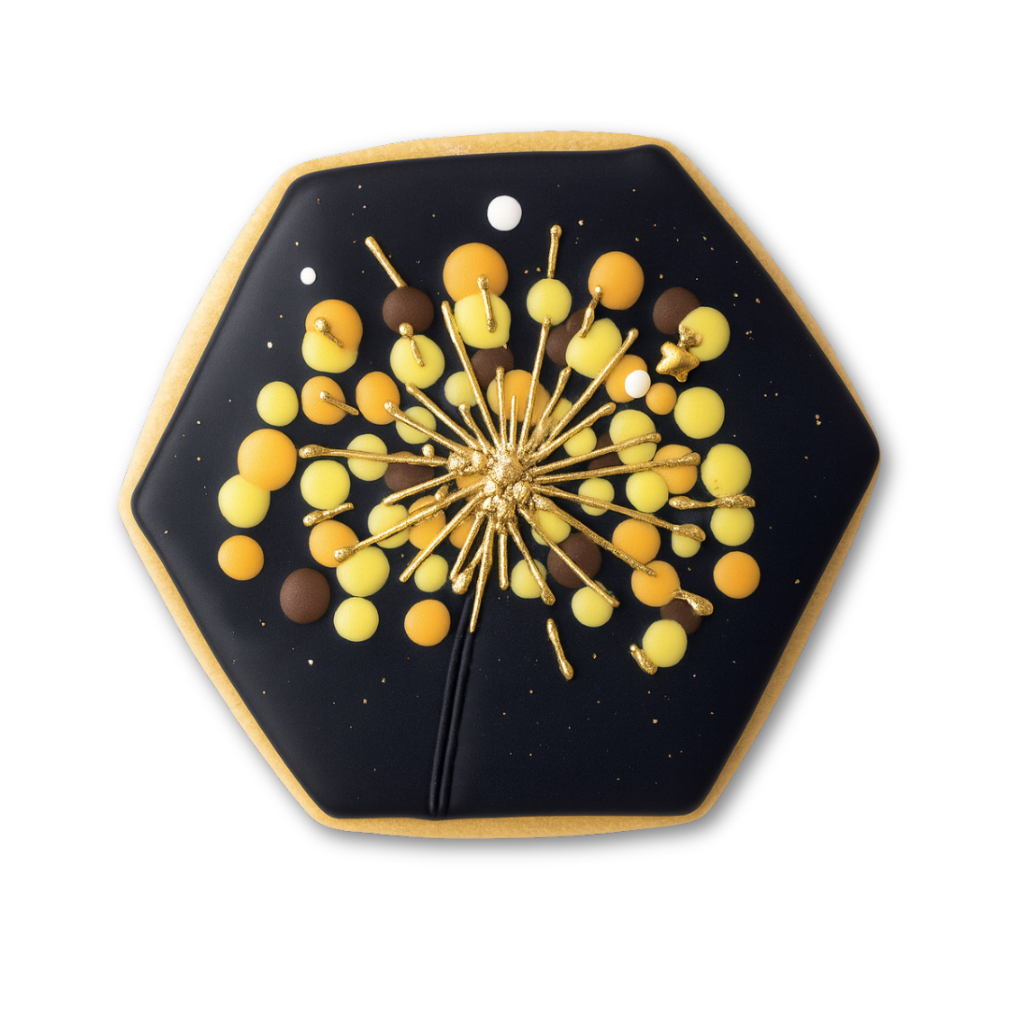 Hexagonal New Year cookie with gold firework icing design.