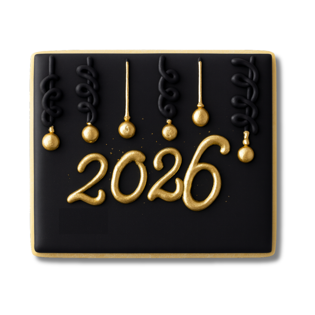 New Year 2026 cookie with black icing and gold ornaments