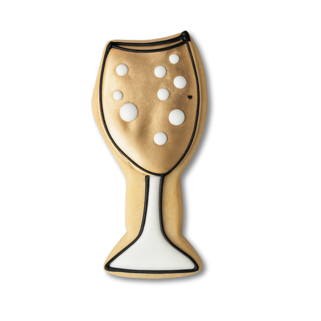 New Year champagne flute cookie with gold icing and white bubbles
