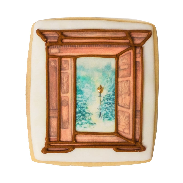 National Reading Month cookie with a winter window design.